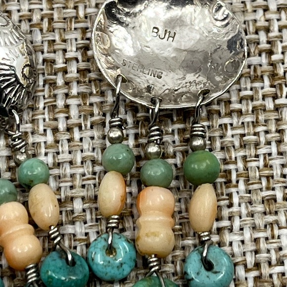 90's Handmade Sterling Silver Shell & Floral Dangle Earrings with Turquoise - Picture 11 of 15